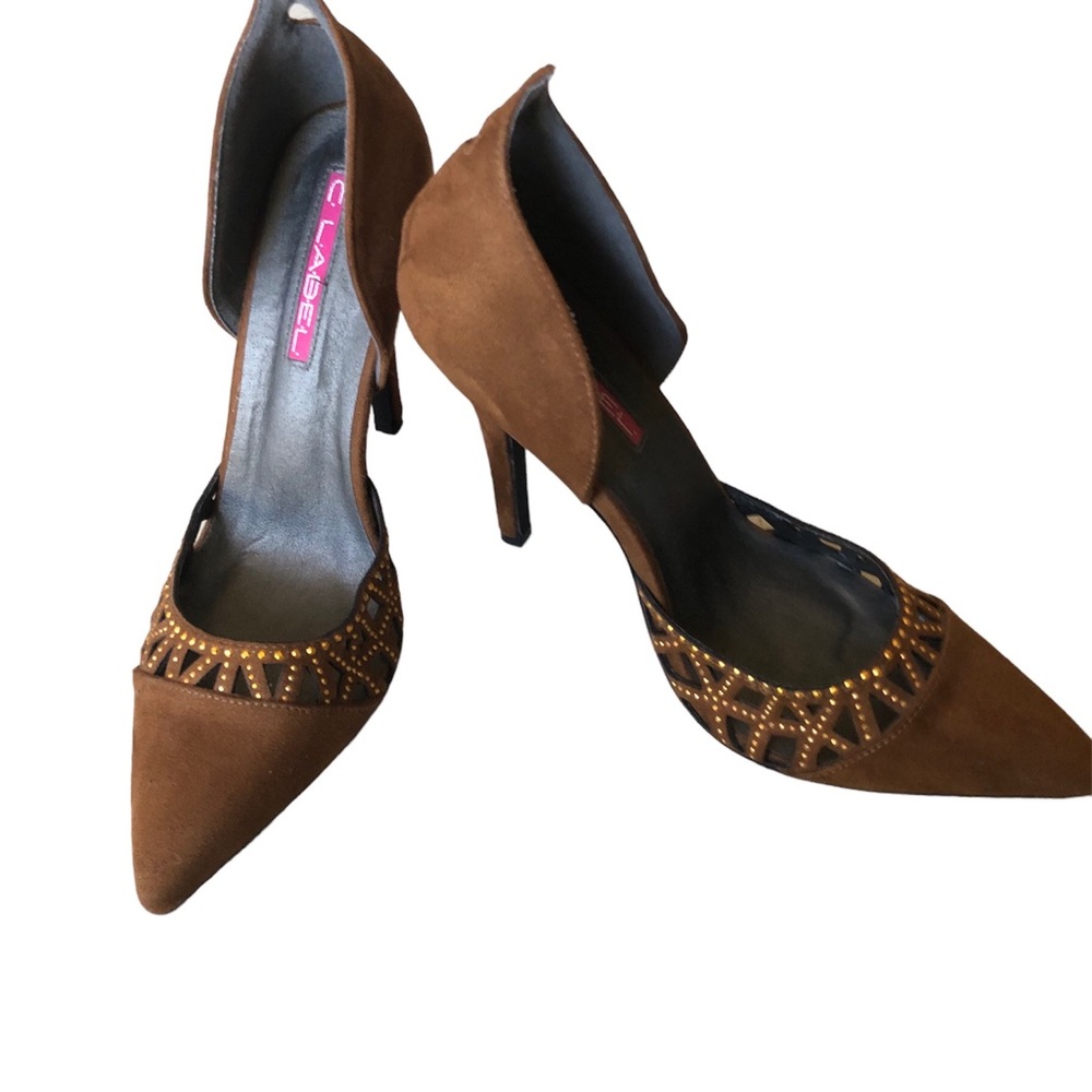 C Label, Brown Suede, Sequin Accents. 4.5 Inch Heels. Size 9. Pointed Toe